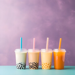 Set of tall drinking glasses with straws with Taiwanese bubble or boba tea from vegan milk and agava sypur with different flavors isolated on a trendy purple background. Generative AI