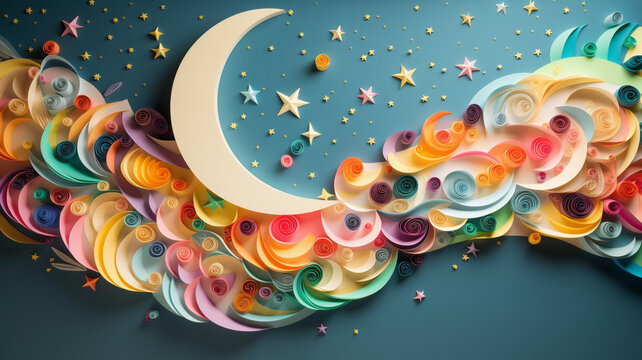 Creative and colourful paper art with moon, clouds,  and stars. Created with generative AI	