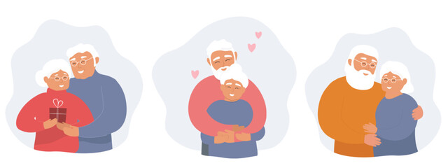 A set of an elderly couple in love hugs, together for a long time, gives gifts. Happy old age. Vector graphics.