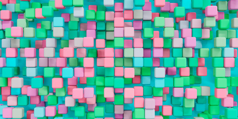 Colorful abstract geometric 3d background with different elements and colors for your design. Abstract shapes from tetris game. 3d rendering illustration..