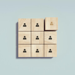 Conceptual business illustration with wooden cubes and icons on light blue background. We are hiring.