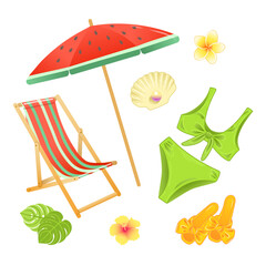 Set of vector illustrations of beach summer accessories. Beach umbrella, sun lounger, swimsuit, flip-flops, seashell 