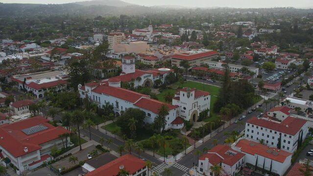 Flying over downtown Santa Barbara California and its courthouse
