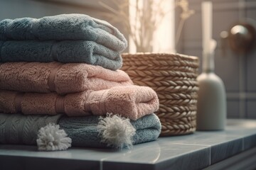 Fototapeta na wymiar Stack of clean towels in pastel color on shelf in bathroom. Toned image. morning soft light