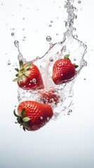 Strawberry falling into water with air bubbles on white background.