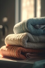Stack of clean towels in pastel color on shelf in bathroom. Toned image. morning soft light