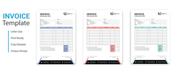 Business invoice form template. Invoicing quotes, money bills or price invoices and payment agreement design templates. Tax form, bill graphic or payment receipt page vector set