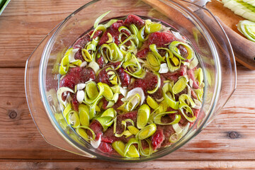 Meat medallions with leek. Pork medallions.