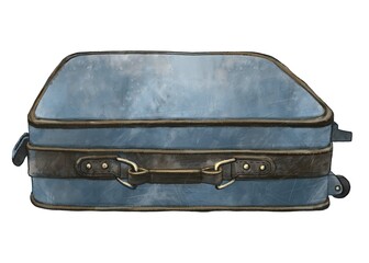Color illustration of a blue suitcase with a tag. For website design, postcards, typography. Digital watercolor. From the collection JOURNEY OF THE RACCOON. Retro style. Drawing items for travel.