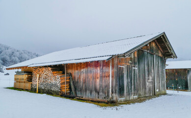 Kaminholz und Holzschuppen mit Schnee