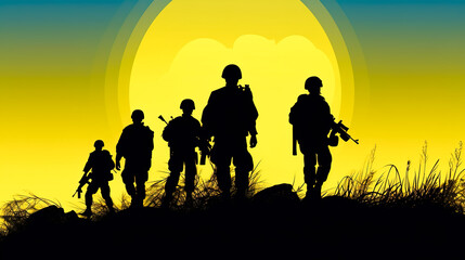 Fototapeta na wymiar Military illustration, army background, silhouettes of soldiers. generative AI.