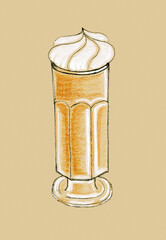 Hand drawing naive pencil sketch. Abstract illustration of one glass of cappuccino, latte, hot chocolate or irish coffee with whipped cream on vintage coloured beige background. Cafe coffee menu.