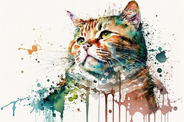 Generative AI. Set of cute funny cat. Watercolor illustration on white background