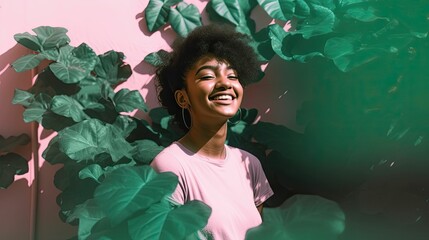 Portrait of a fictional black woman model in pink posing on a background with green leaves. Generative AI illustration.