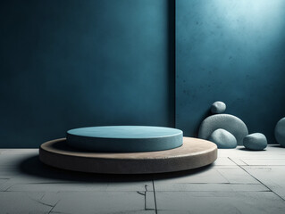 Round smooth stone podium template closeup on blue background. Empty space on natural rock for mockup. Generative AI