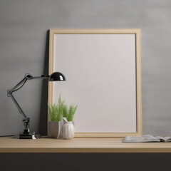 Clean, minimal, large blank photo frame mock - up on a table illustration made with Generative AI 
