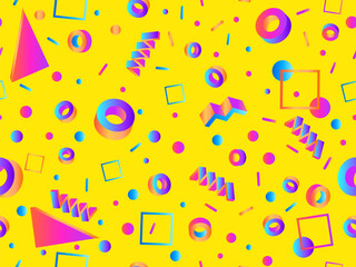 Memphis seamless pattern with 3d geometric shapes with gradient. Colorful isometric 3d geometric shapes in 80s style. Design for printing on paper, banner and wallpaper. Vector illustration