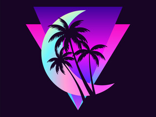 Gradient crescent with palm trees in a futuristic 80s style. Banner with moon and palm trees in synthwave style. Design for advertising brochures, banners and posters. Vector illustration