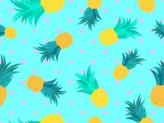 Seamless pattern with pineapples on a blue background. Summer fruit pattern. Pineapple fruit. Tropical background for T-shirts, prints on paper and fabric. Vector illustration
