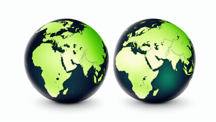 illustration of two greenish earth globes on white background, generative AI