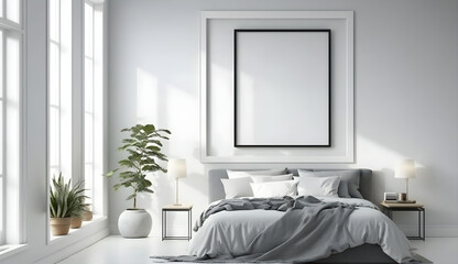 Fototapeta na wymiar bedroom interior with empty square frame for print or poster mockup, modern gray white bedroom interior for house advertising and background Generative AI