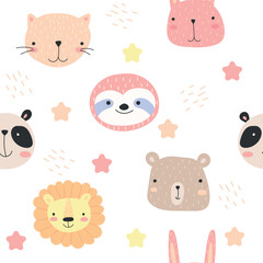 Cute seamless pattern with panda, bunny, cat, lion, bear and sloth. cute vector texture for baby bedding, fabric, wallpaper, wrapping paper, textile, t-shirt print