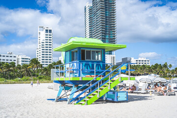 Miami Beach, USA - December 4, 2022. View of classic art deco lifeguard tower in South Miami Beach