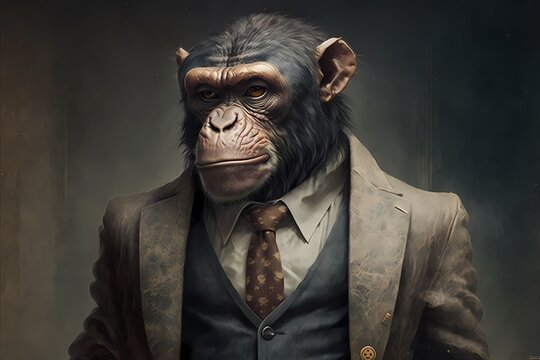 Portrait of a Monkey (Chimpanzee) dressed in a suit - Generative AI