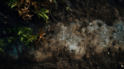 Macro photography of soil and plants. Natural textures in a top-down shot.