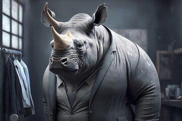 Fototapeta na wymiar Portrait of a Rhino dressed in a suit - Generative AI