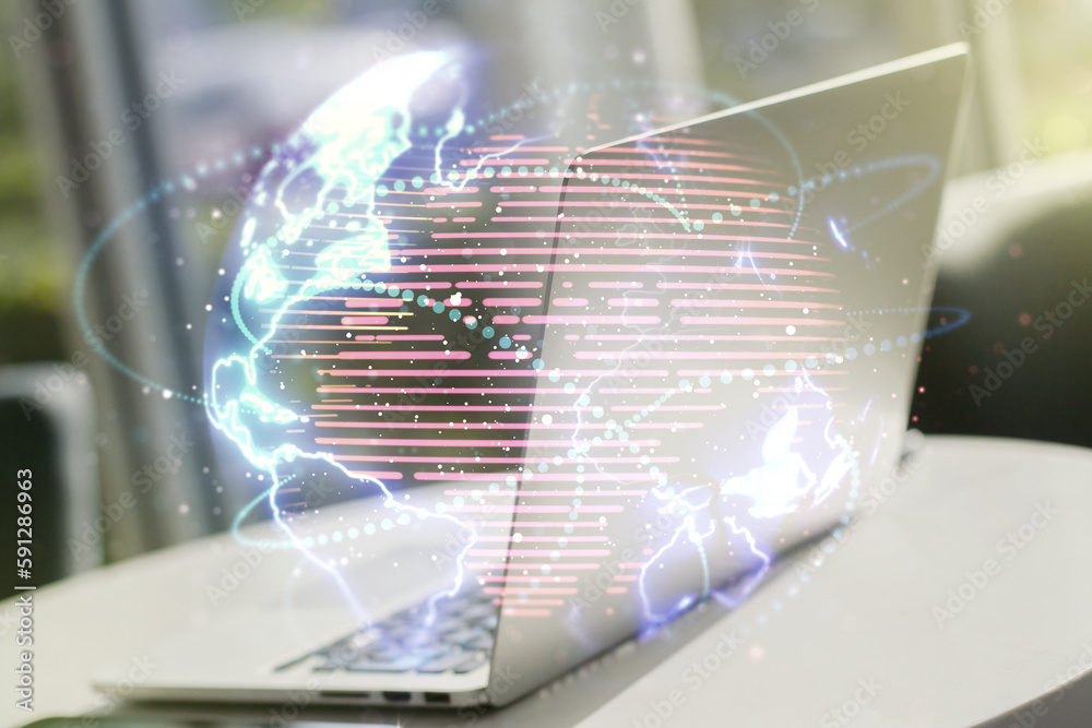 Leinwandbilder Double exposure of abstract digital world map with connections on computer background, big data and blockchain concept