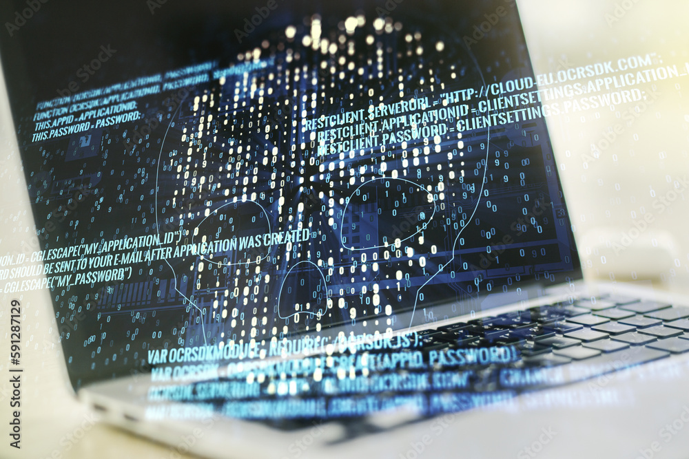 Poster double exposure of creative code skull hologram on laptop background. malware and cyber crime concep