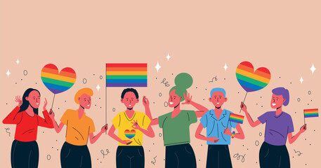 Diverse group of lgbt people or crowd holding posters, placards, symbols, signs and colorful rainbow flags on gay parade, pride month or festival celebrate pride month web banner, poster. Pride