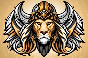 lion head vector logo, 2D detailed, yellow armour, female, wings helmet, fantasy, black and white background