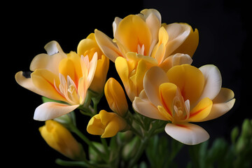 Fototapeta premium Freesia (Freesia) - Flower native to southern Africa - Known for their fragrant blooms & bright colors. They are often used for decorative purposes and as a symbol of trust & innocence (Generative AI)