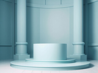 Round smooth stone podium template on blue classic background with columns. Empty space on natural rock for mockup. Generative AI