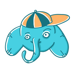Elephant with cap. Vector illustration in cartoon flat style isolated on white background.