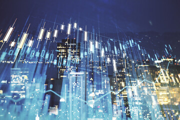 Multi exposure of virtual abstract financial graph interface on San Francisco cityscape background, financial and trading concept