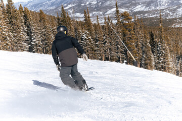 Snowboarder en Centro de ski, en las Montañas de Colorado, Bosque entre pistas de ski, Estados Unidos, Rocky mountains, deportes de invierno.