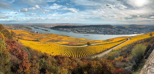 View to Rheingau, Bingen and Rheinhessen from Niederwald monument, Germany