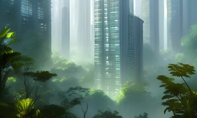 Modern skyscrapers in a rainforest
