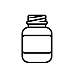 Pills glass bottle pictogram. Minimalist vector illustration. Medical container. Drugstore concept. Remedy bottle outline. Isolated on white. Flat design
