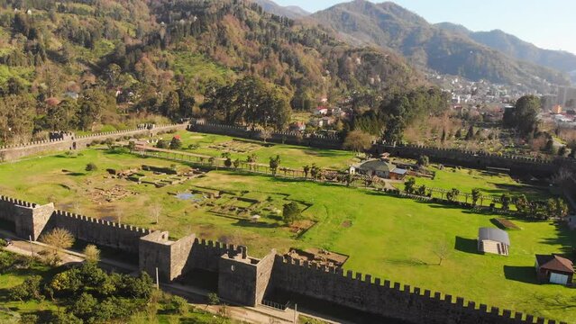Aerial view historical site Gonio fortress - Roman fortification in Adjara, Georgia. Gonio-Apsaros Fortress