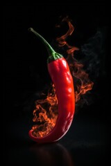 Red hot chili pepper on black background with flame. Neural network AI generated