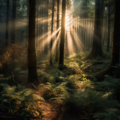 mystical forest with tall trees and sun shine