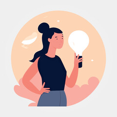 beautiful girl having an idea holding a light bulb, vector illustration.
