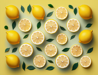 Lemon and slice 3d pattern. Yellow tropical citrus fruit background for Lemonade Day, Lemon Juice Day or Plant a Lemon Tree Day. Generative AI