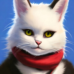 White cat with green eyes in a red scarf close up, illustration style image