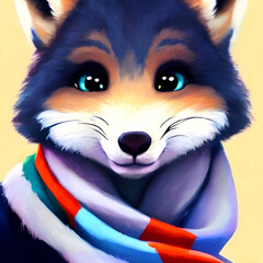 Wolf in a multi-colored scarf close-up cute muzzle