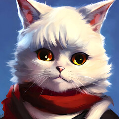 White cat with big eyes in a red scarf close-up, illustration style image
